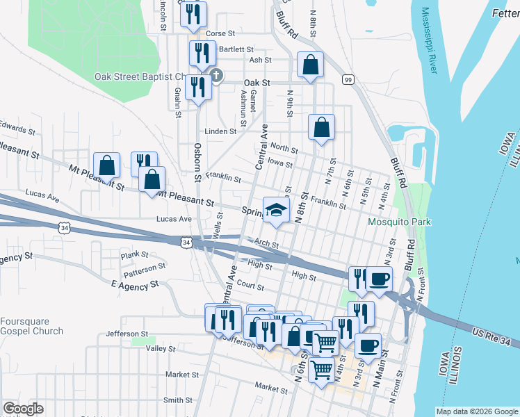 map of restaurants, bars, coffee shops, grocery stores, and more near 1004 Spring Street in Burlington