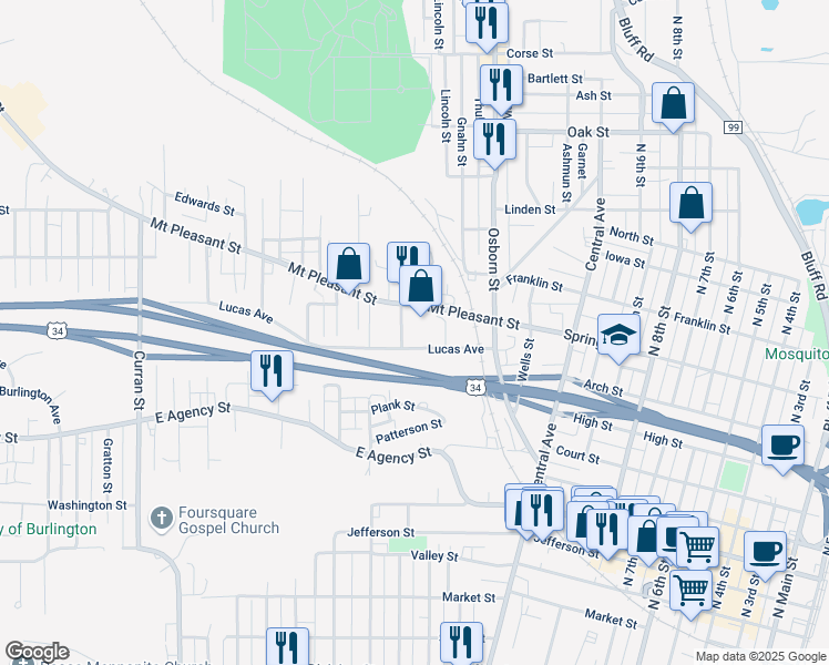 map of restaurants, bars, coffee shops, grocery stores, and more near 1004 Chalfant Street in Burlington
