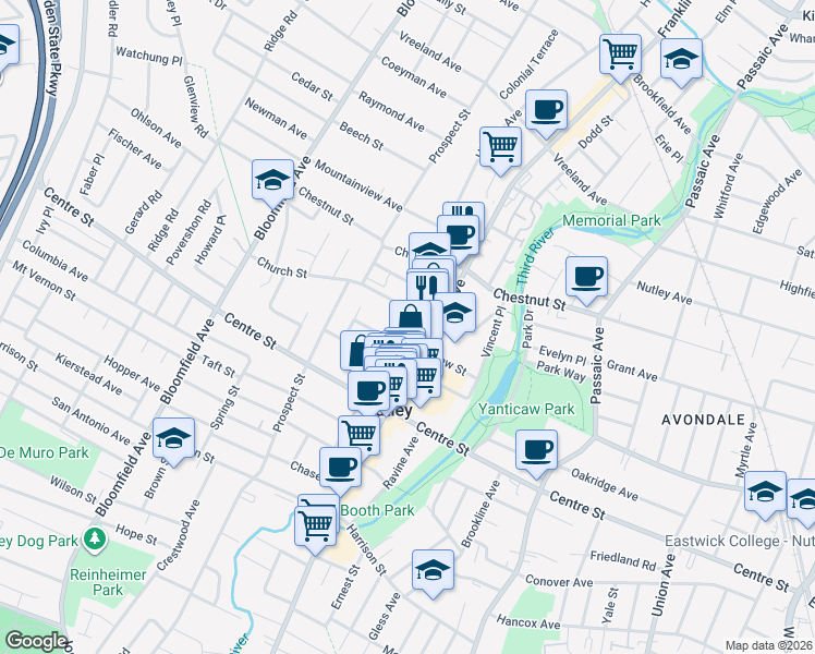 map of restaurants, bars, coffee shops, grocery stores, and more near 17 Church Street in Nutley