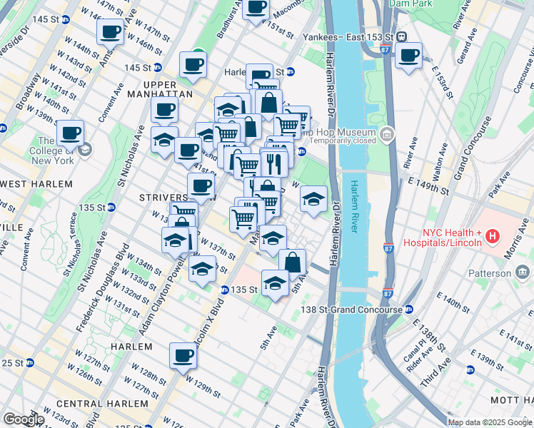 map of restaurants, bars, coffee shops, grocery stores, and more near 628 Malcolm X Boulevard in New York