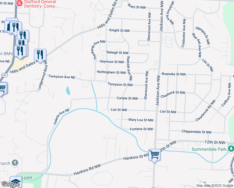 map of restaurants, bars, coffee shops, grocery stores, and more near 2323 Tennyson Street Northwest in Massillon