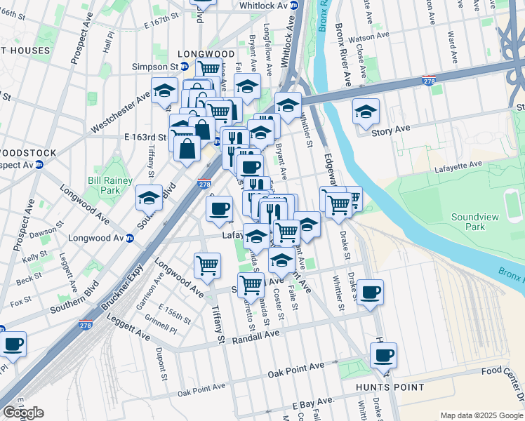 map of restaurants, bars, coffee shops, grocery stores, and more near 850 Hunts Point Avenue in Bronx