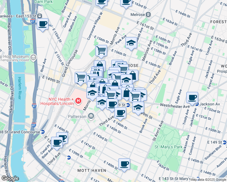 map of restaurants, bars, coffee shops, grocery stores, and more near 320 East 151st Street in Bronx
