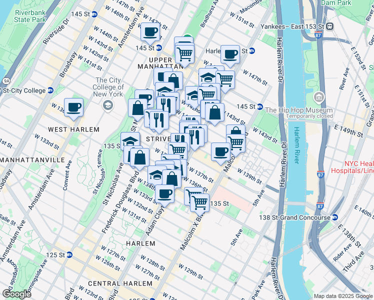 map of restaurants, bars, coffee shops, grocery stores, and more near in New York