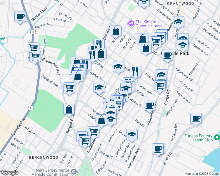 map of restaurants, bars, coffee shops, grocery stores, and more near 430 Walker Street in Fairview