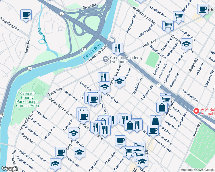 map of restaurants, bars, coffee shops, grocery stores, and more near 100 Stuyvesant Avenue in Lyndhurst