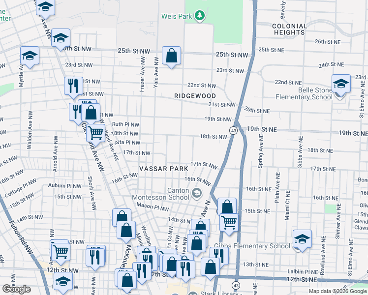 map of restaurants, bars, coffee shops, grocery stores, and more near 1747 Oberlin Court Northwest in Canton