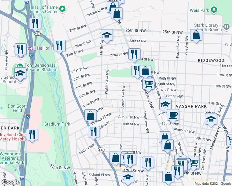 map of restaurants, bars, coffee shops, grocery stores, and more near 1207 18th Street Northwest in Canton
