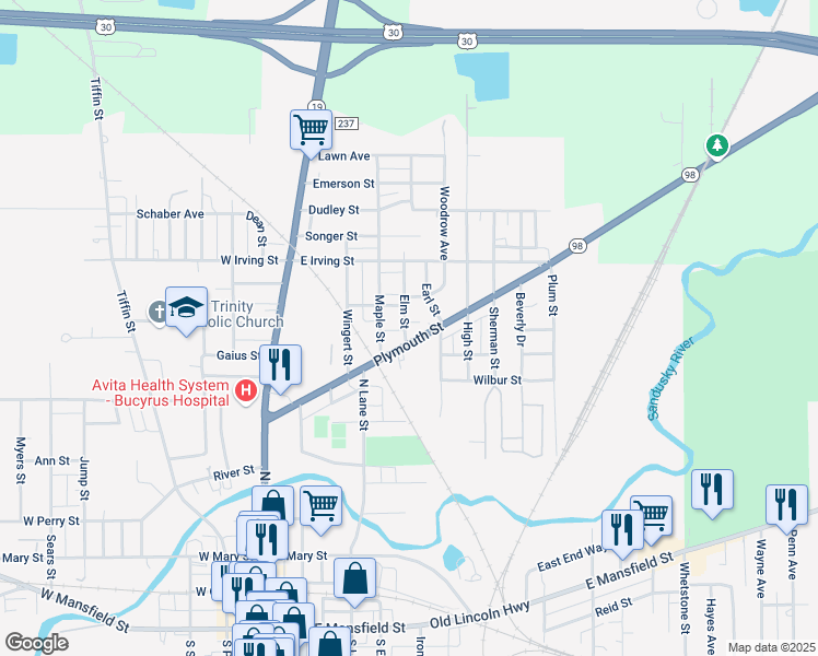 map of restaurants, bars, coffee shops, grocery stores, and more near 919 Earl Street in Bucyrus