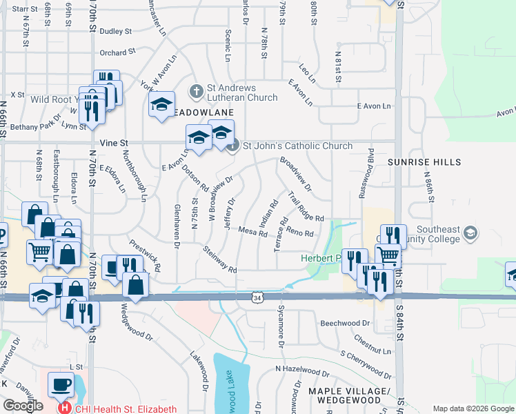 map of restaurants, bars, coffee shops, grocery stores, and more near 533 Skyway Road in Lincoln