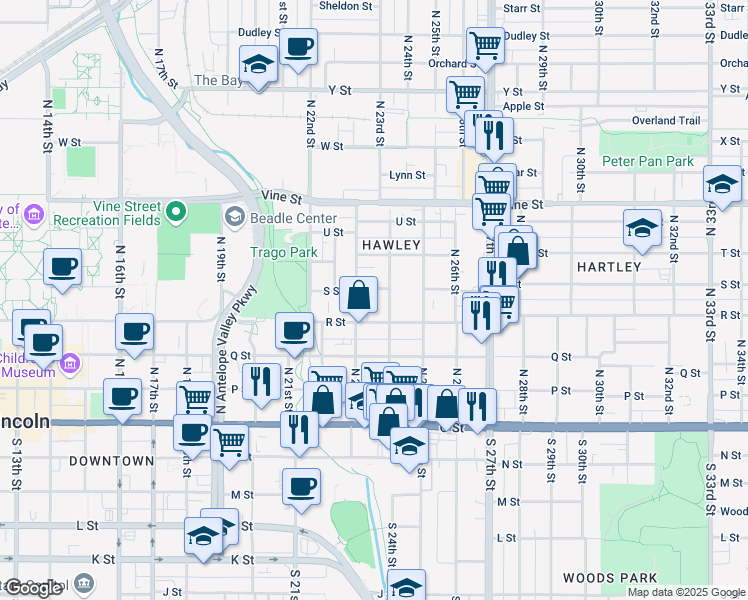 map of restaurants, bars, coffee shops, grocery stores, and more near 540 North 24th Street in Lincoln