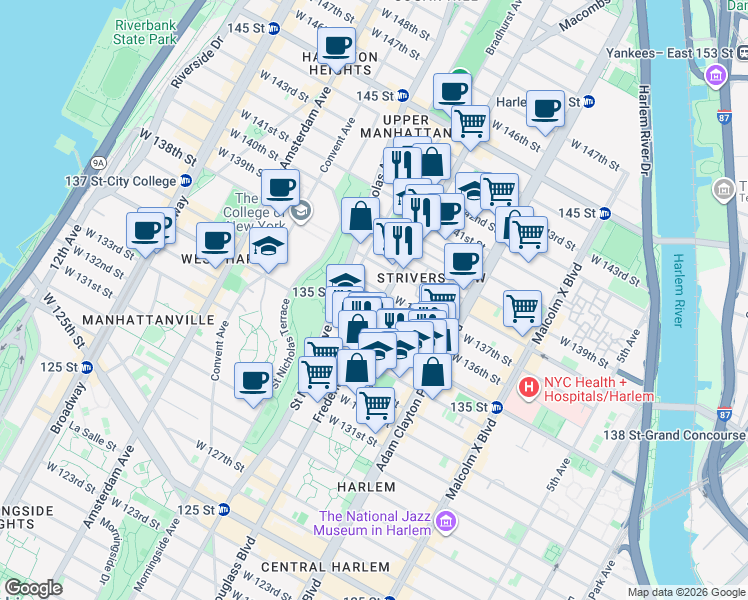 map of restaurants, bars, coffee shops, grocery stores, and more near 312 West 138th Street in New York