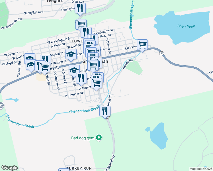 map of restaurants, bars, coffee shops, grocery stores, and more near 40 East Poplar Street in Shenandoah