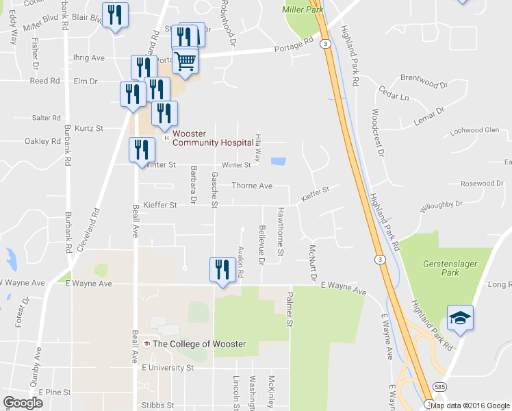 map of restaurants, bars, coffee shops, grocery stores, and more near 912 Kieffer Street in Wooster