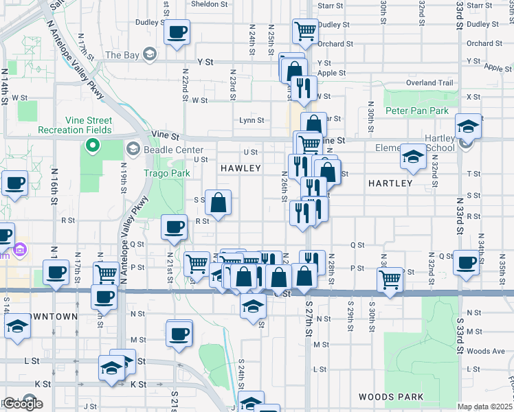 map of restaurants, bars, coffee shops, grocery stores, and more near 435 North 25th Street in Lincoln