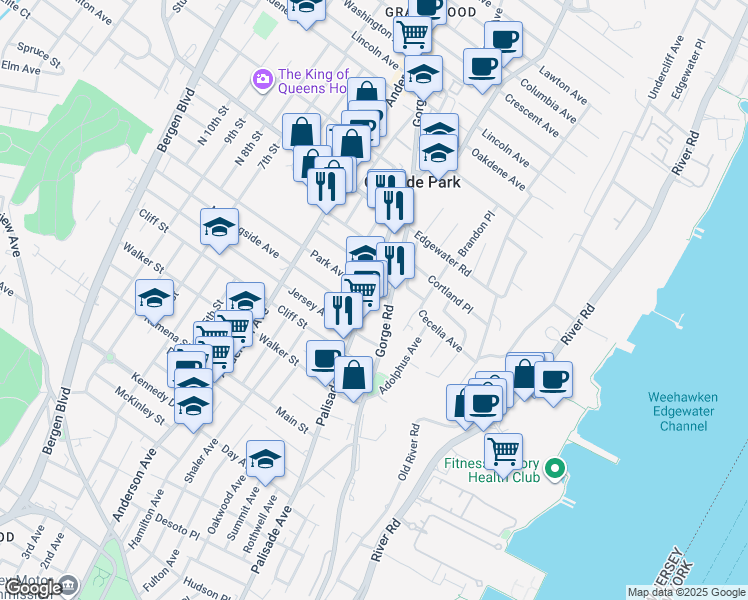 map of restaurants, bars, coffee shops, grocery stores, and more near 401 Gorge Road in Cliffside Park