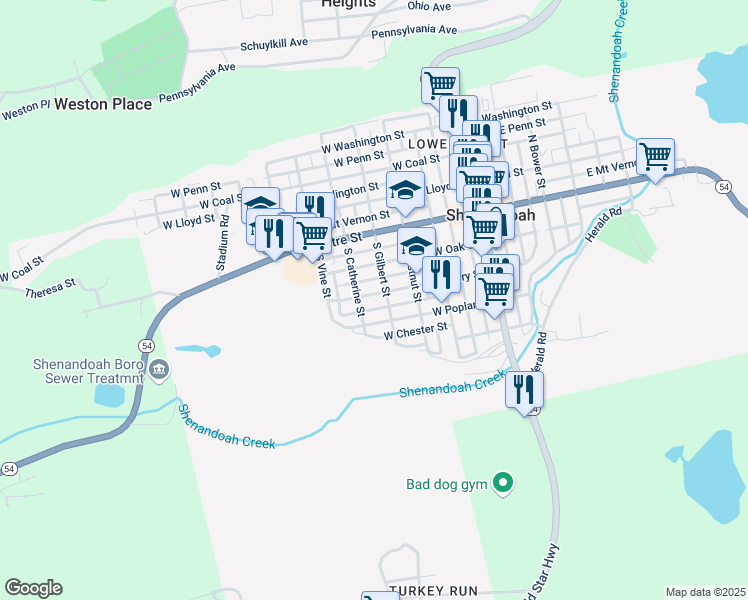 map of restaurants, bars, coffee shops, grocery stores, and more near 416 West Cherry Street in Shenandoah