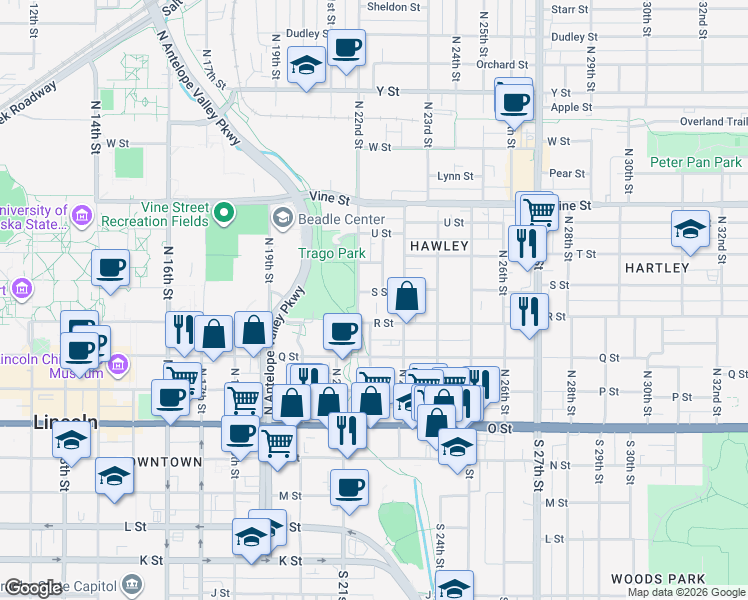 map of restaurants, bars, coffee shops, grocery stores, and more near 500 North 22nd Street in Lincoln