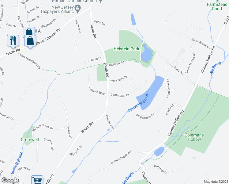 map of restaurants, bars, coffee shops, grocery stores, and more near 4 Canterbury Court in Mendham