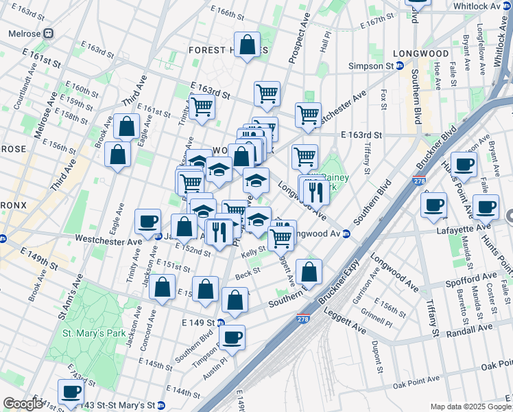 map of restaurants, bars, coffee shops, grocery stores, and more near 750 Prospect Avenue in The Bronx