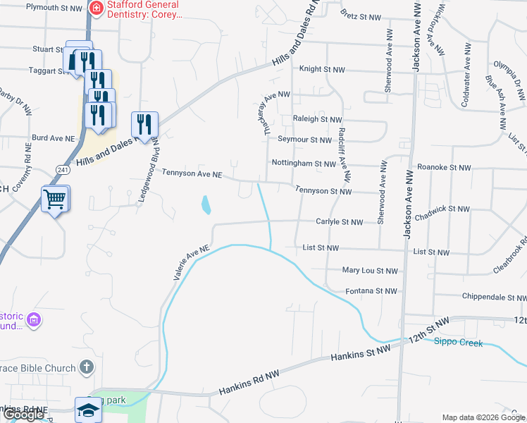 map of restaurants, bars, coffee shops, grocery stores, and more near 2150 Carlyle Street Northwest in Massillon