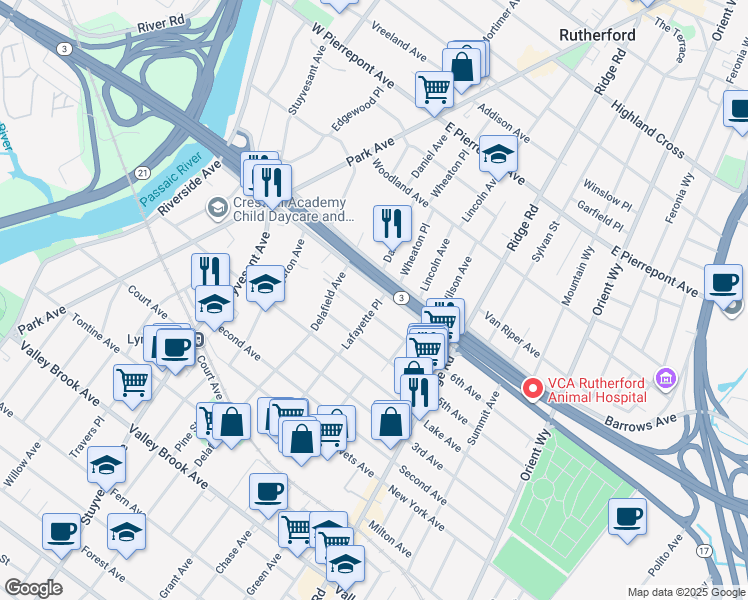 map of restaurants, bars, coffee shops, grocery stores, and more near 1 Lafayette Place in Lyndhurst