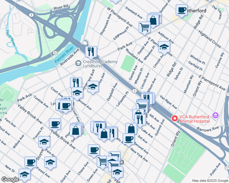 map of restaurants, bars, coffee shops, grocery stores, and more near 16 Delafield Avenue in Lyndhurst