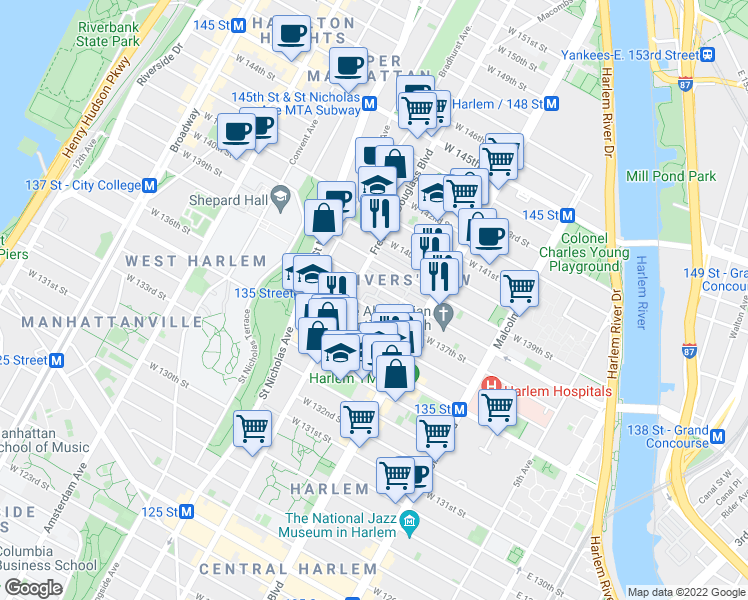 map of restaurants, bars, coffee shops, grocery stores, and more near 251 West 137th Street in New York
