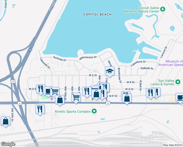 map of restaurants, bars, coffee shops, grocery stores, and more near 510 Surfside Drive in Lincoln