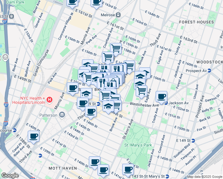 map of restaurants, bars, coffee shops, grocery stores, and more near 2939 3rd Avenue in The Bronx