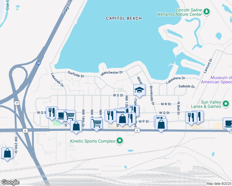 map of restaurants, bars, coffee shops, grocery stores, and more near 510 Surfside Drive in Lincoln