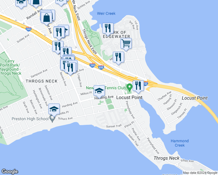 map of restaurants, bars, coffee shops, grocery stores, and more near 206 Kearney Avenue in Bronx