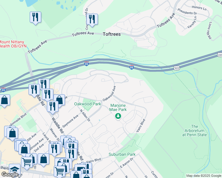 map of restaurants, bars, coffee shops, grocery stores, and more near 535 Oakwood Avenue in State College