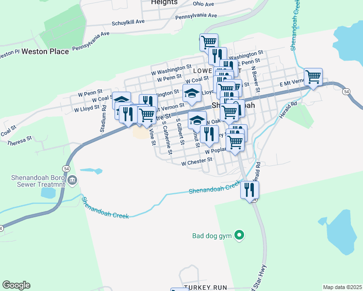 map of restaurants, bars, coffee shops, grocery stores, and more near 400 West Cherry Street in Shenandoah