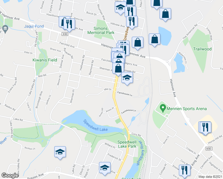 map of restaurants, bars, coffee shops, grocery stores, and more near 21 Max Drive in Morristown