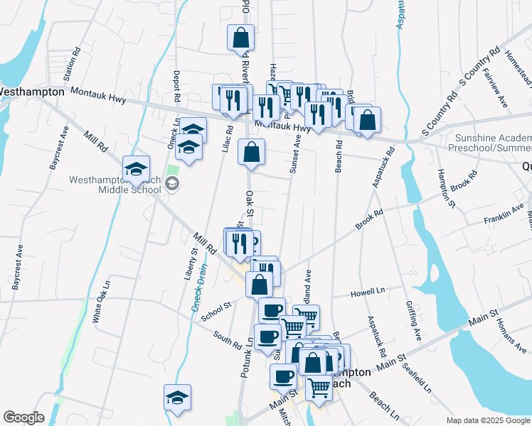 map of restaurants, bars, coffee shops, grocery stores, and more near 11 Cyrta Lane in Westhampton Beach
