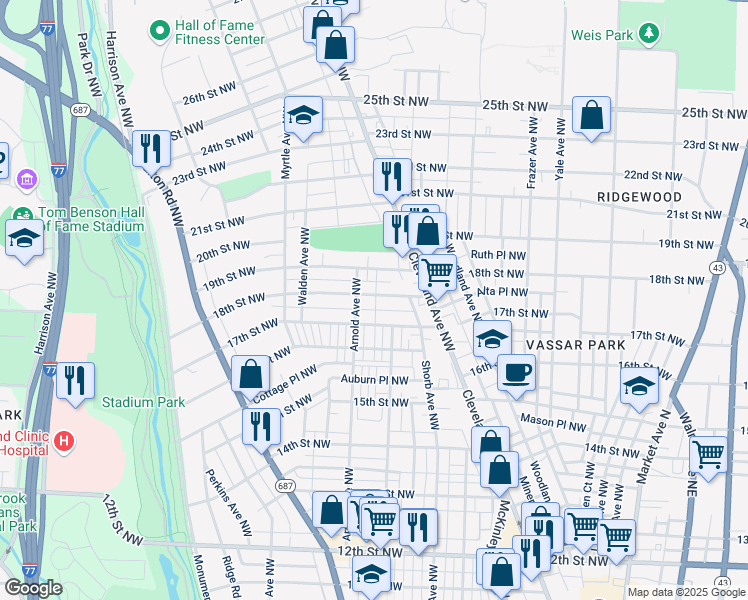 map of restaurants, bars, coffee shops, grocery stores, and more near 1122 18th Street Northwest in Canton