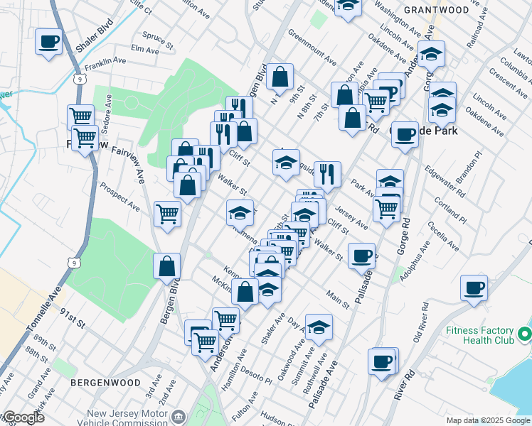 map of restaurants, bars, coffee shops, grocery stores, and more near 430 Walker Street in Fairview