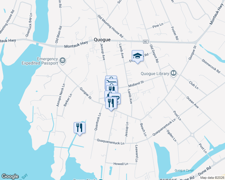 map of restaurants, bars, coffee shops, grocery stores, and more near 7 Midland Street in Riverhead
