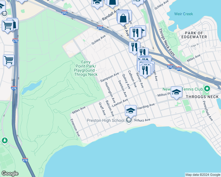 map of restaurants, bars, coffee shops, grocery stores, and more near 326 Huntington Avenue in The Bronx
