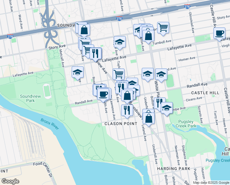 map of restaurants, bars, coffee shops, grocery stores, and more near 631 Soundview Avenue in Bronx