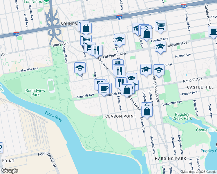 map of restaurants, bars, coffee shops, grocery stores, and more near 635 Saint Lawrence Avenue in Bronx