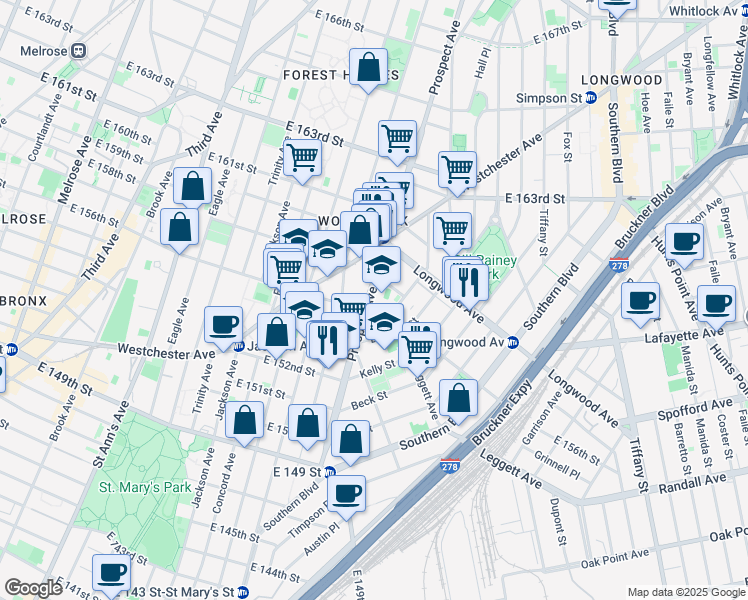 map of restaurants, bars, coffee shops, grocery stores, and more near 750 Prospect Avenue in Bronx
