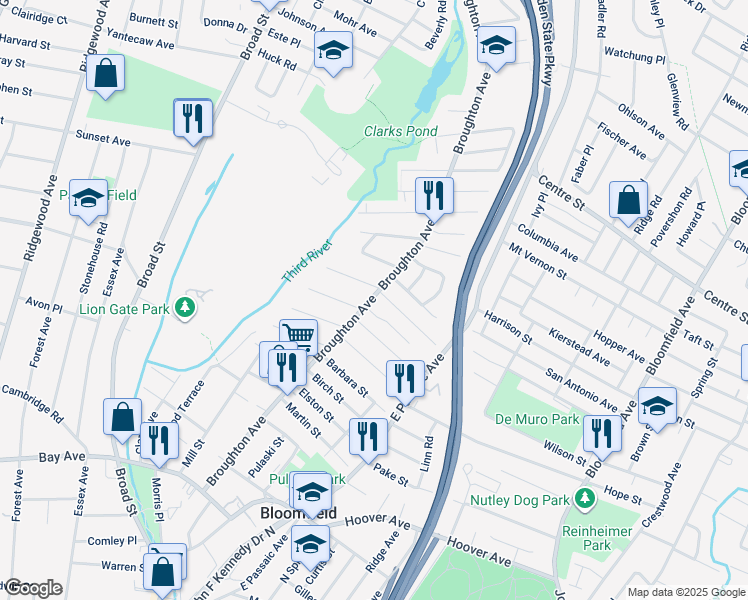 map of restaurants, bars, coffee shops, grocery stores, and more near 249 Broughton Avenue in Bloomfield