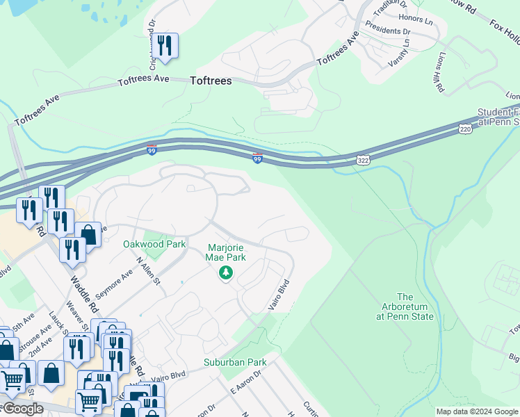 map of restaurants, bars, coffee shops, grocery stores, and more near Mt Nittany Expy in State College