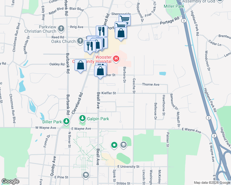 map of restaurants, bars, coffee shops, grocery stores, and more near 624 Kieffer Street in Wooster