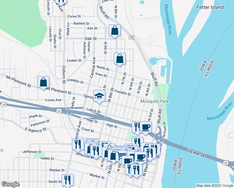 map of restaurants, bars, coffee shops, grocery stores, and more near 1001 North 7th Street in Burlington