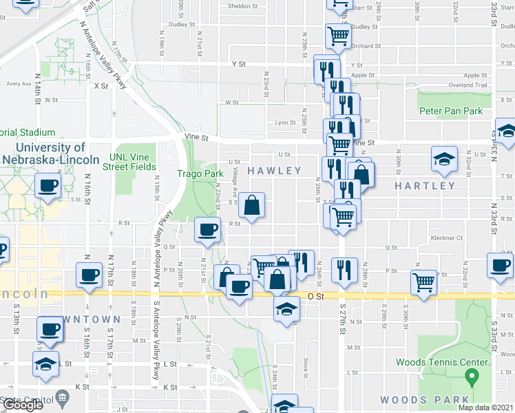 map of restaurants, bars, coffee shops, grocery stores, and more near 540 North 24th Street in Lincoln