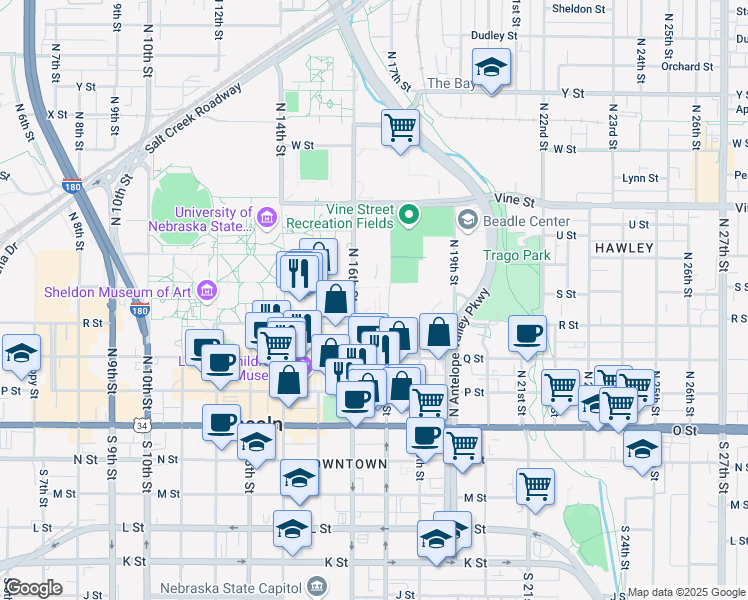 map of restaurants, bars, coffee shops, grocery stores, and more near 480 North 16th Street in Lincoln