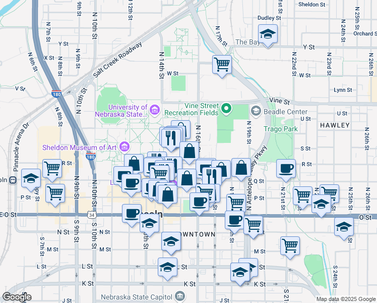 map of restaurants, bars, coffee shops, grocery stores, and more near 1548 S Street in Lincoln